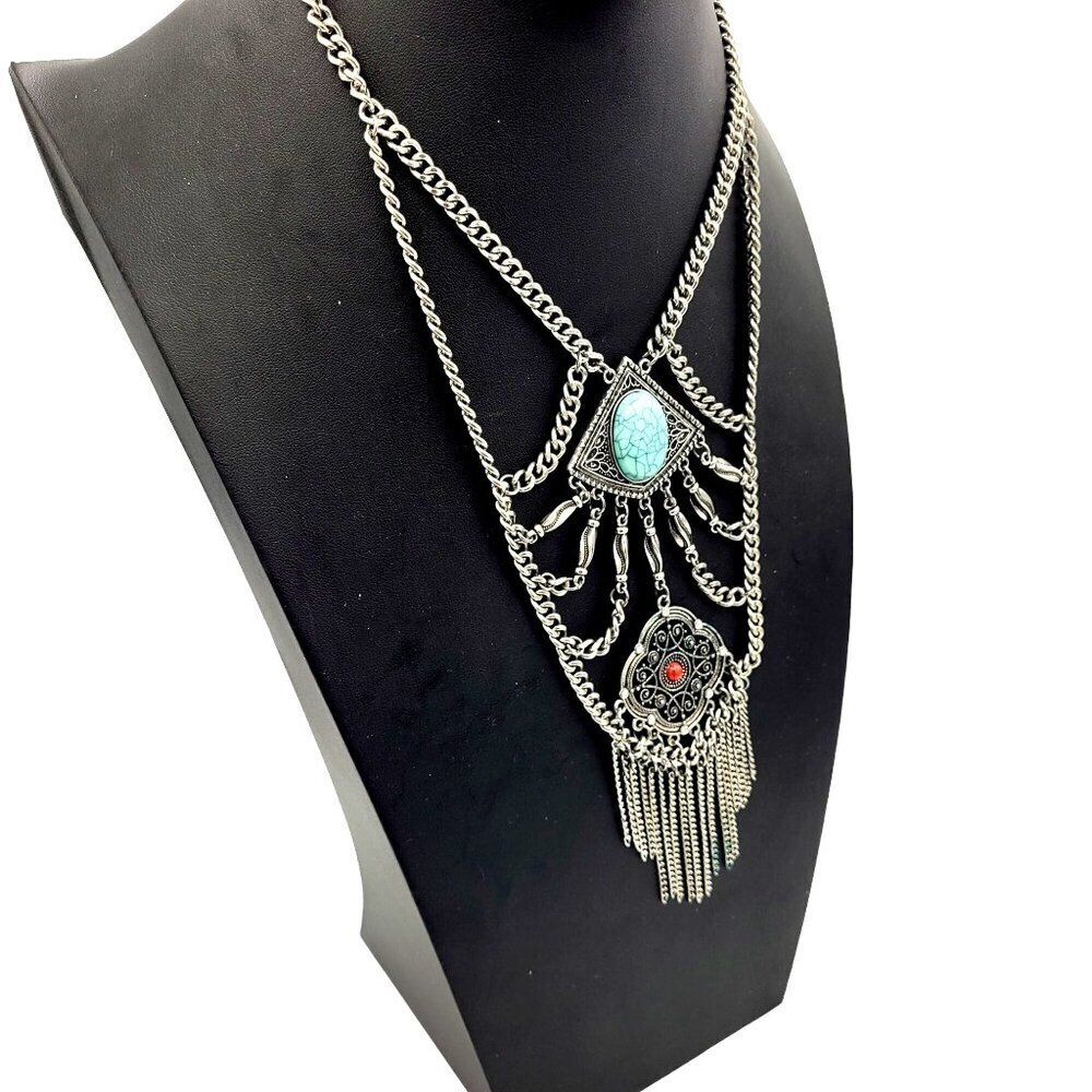 Vtg Boho Statement Necklace Blue & Red Accents Silvertone Chains Gypsy Goth - Picture 3 of 7
